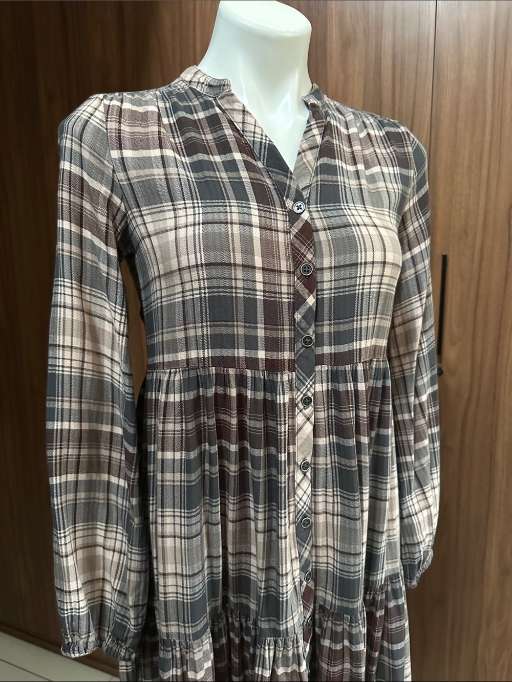 Knox Rose Plaid Long-Sleeve Tiered Mini Dress X-SMALL - Picture 7 of 14